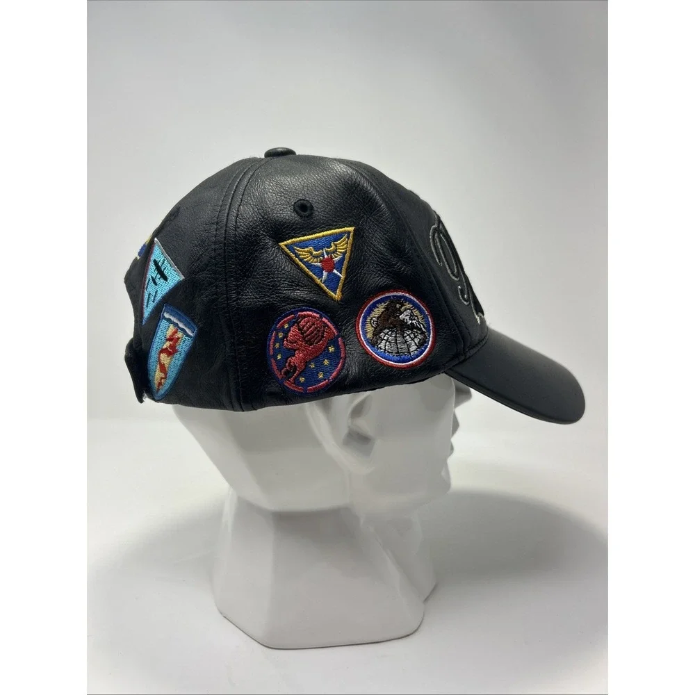 VTG Tuskegee Airman Leather Baseball Cap‎ Hat Black Never Forgotten 1941 Patches